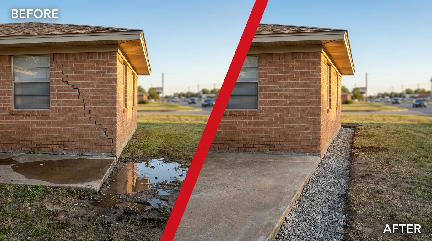 Before and after foundation repair on a Balcones Heights, Texas home: a settled, cracked corner restored level