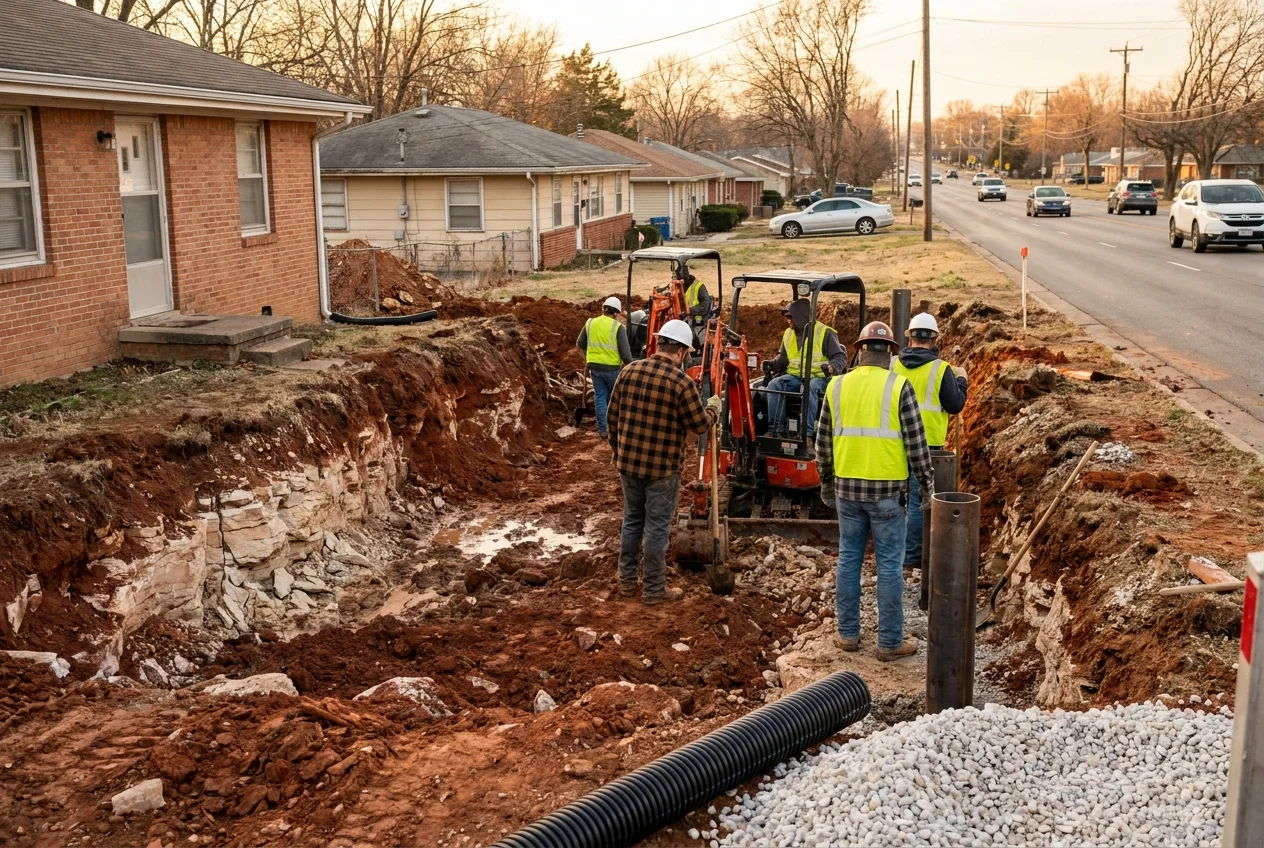 Foundation repair crew working on a home in Balcones Heights, Texas