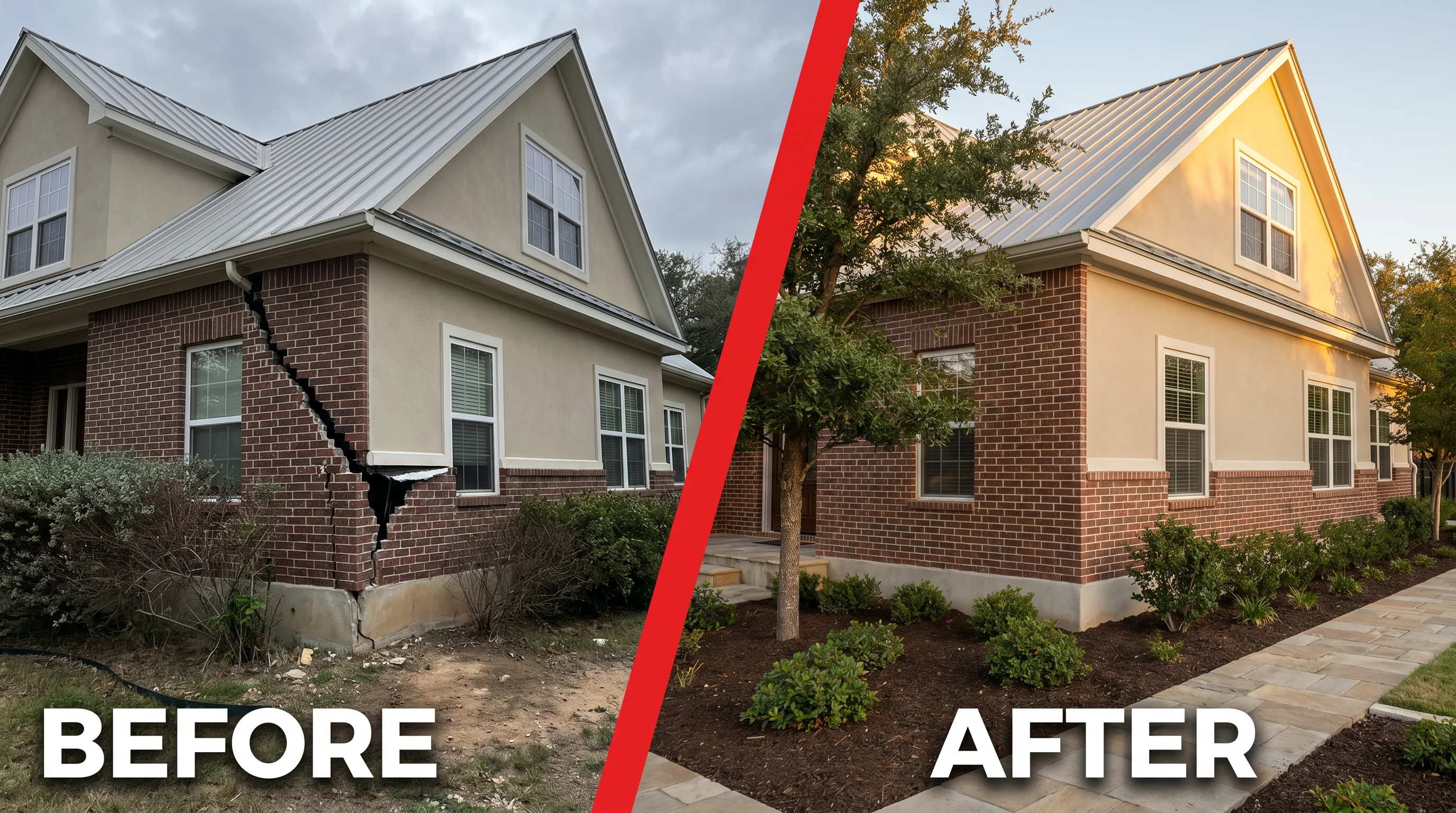 Before and after foundation repair on a New Braunfels, Texas home: a cracked, settled corner restored level