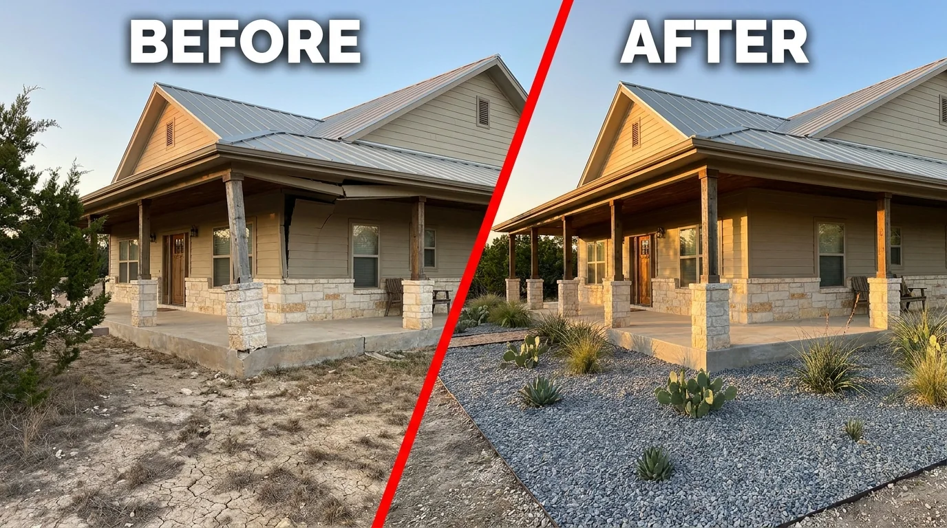 Before and after: a settled Bulverde home corner lifted level on a new steel pier