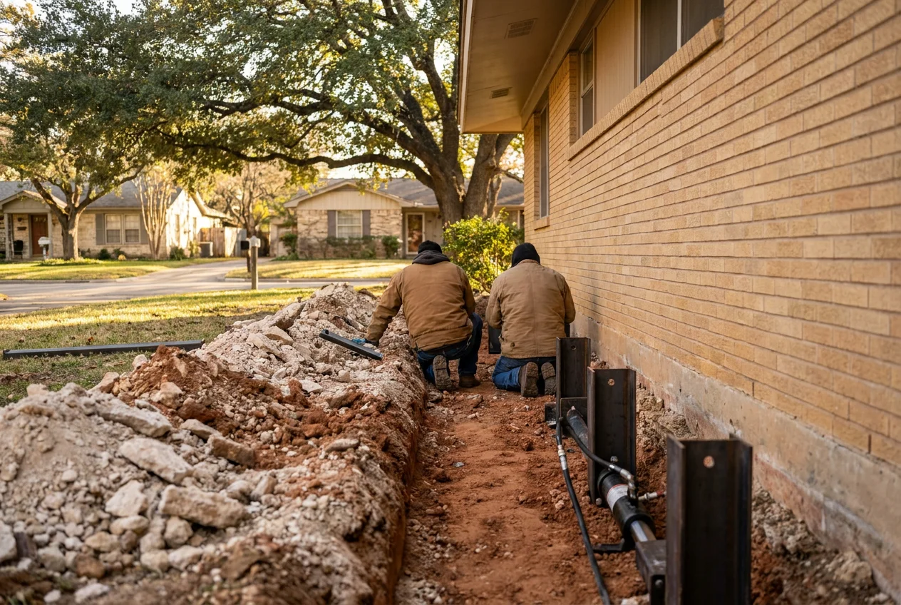 Foundation repair crew working on a home in Castle Hills, Texas
