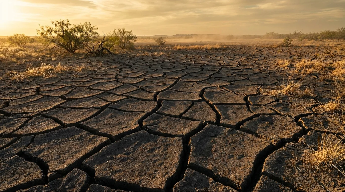 Deep polygonal drought cracks across parched Central Texas expansive clay soil