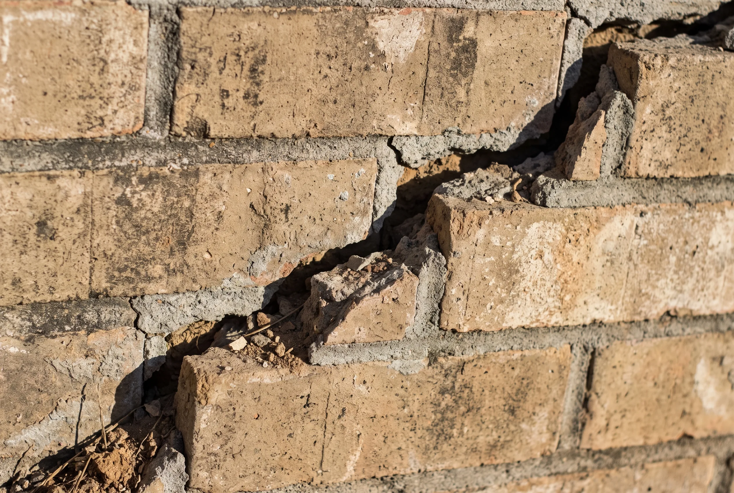 Close-up of stair-step cracking running through the exterior brick of a New Braunfels, Texas home
