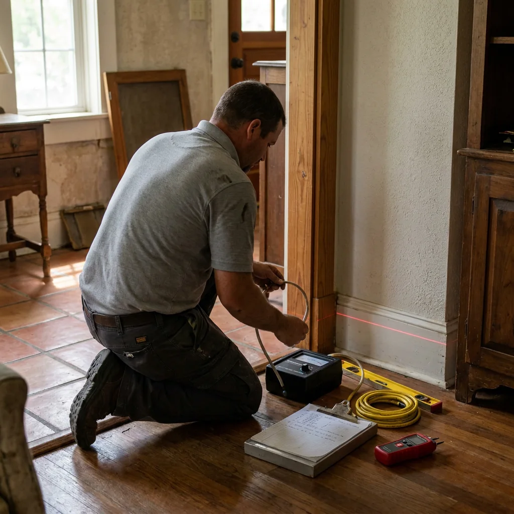 A foundation specialist taking a manometer elevation reading inside a New Braunfels home