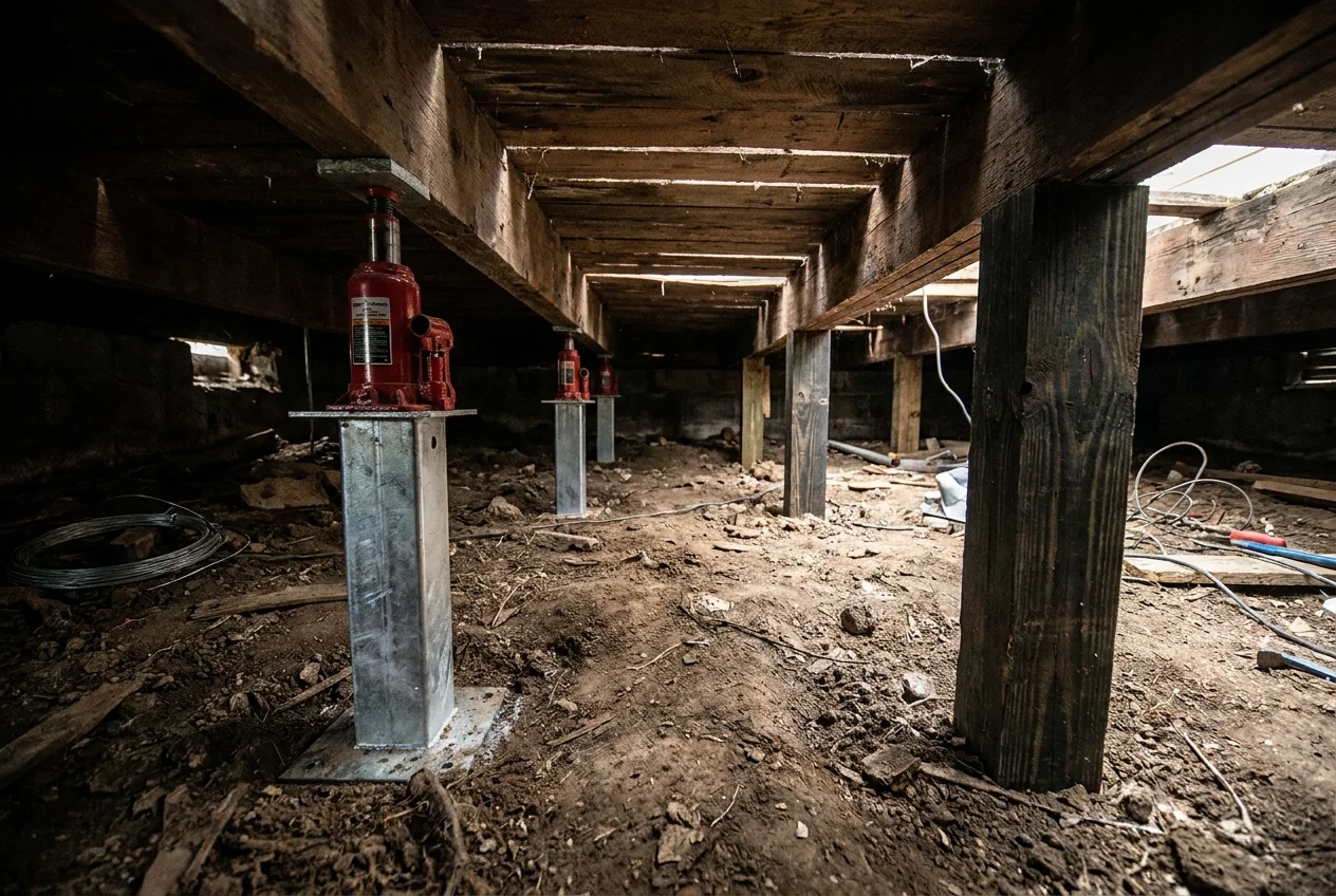 New supports and jacks set under a pier-and-beam home during a repair