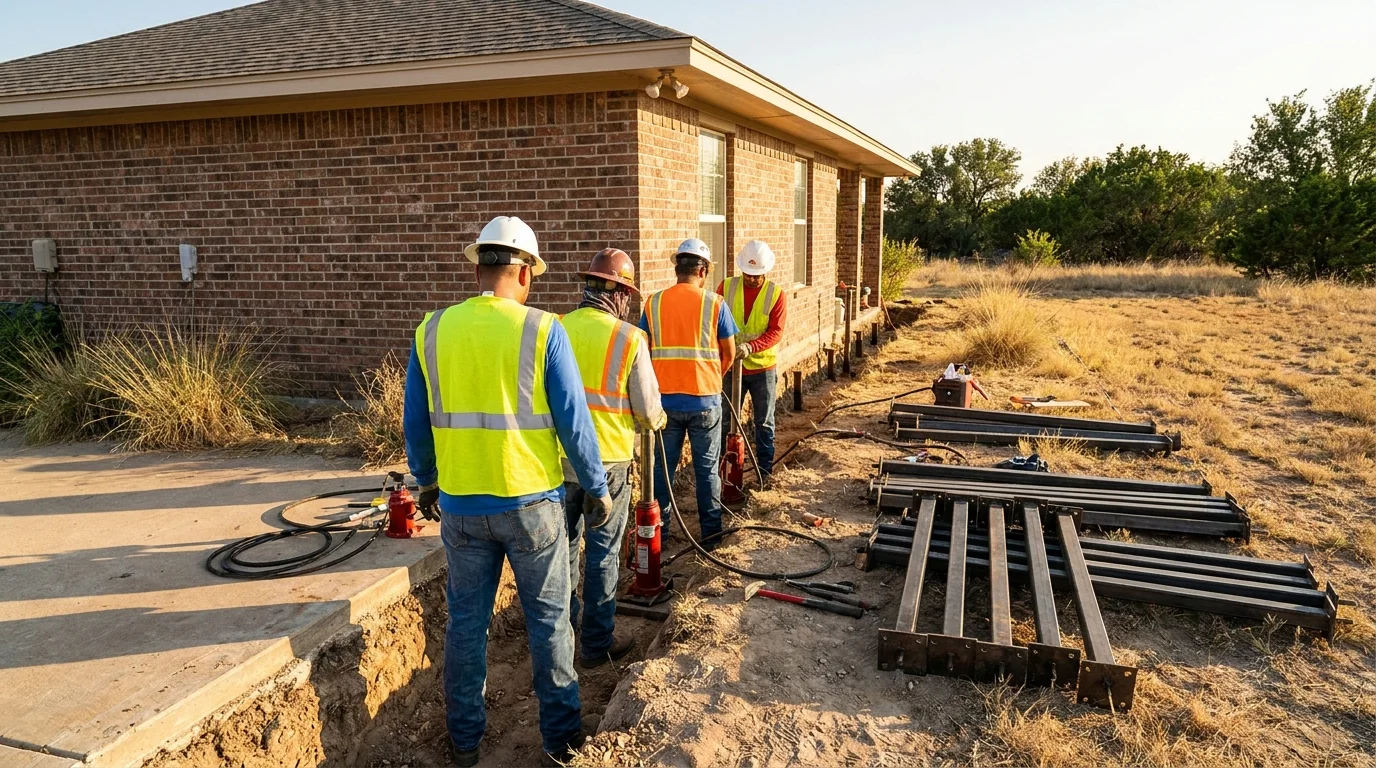 A crew underpinning a Texas home with steel piers along the exterior