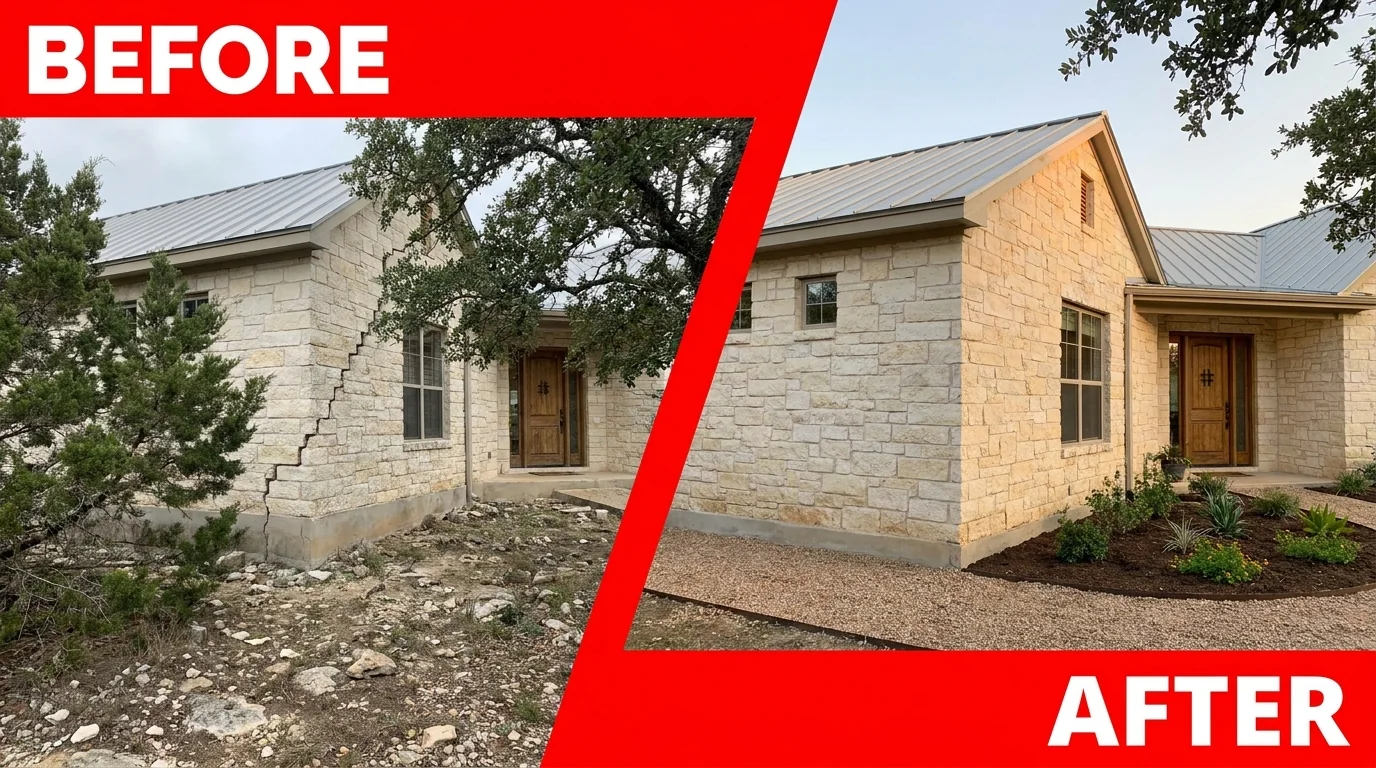 Before and after: a stair-step crack in a Garden Ridge limestone home repaired
