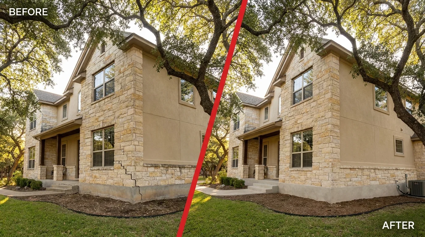 Before and after foundation repair on a Hollywood Park, Texas home: a settled, cracked corner restored level