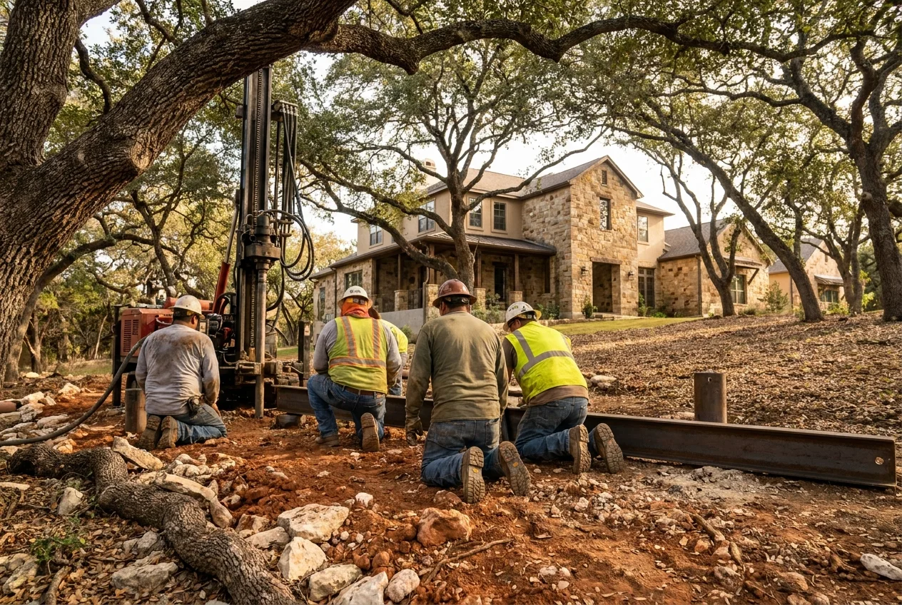 Foundation repair crew working on a home in Hollywood Park, Texas