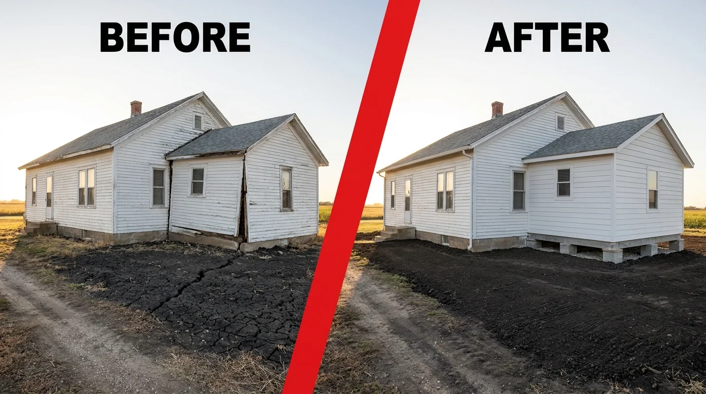 Before and after: a settled farmhouse addition near Kingsbury re-joined level