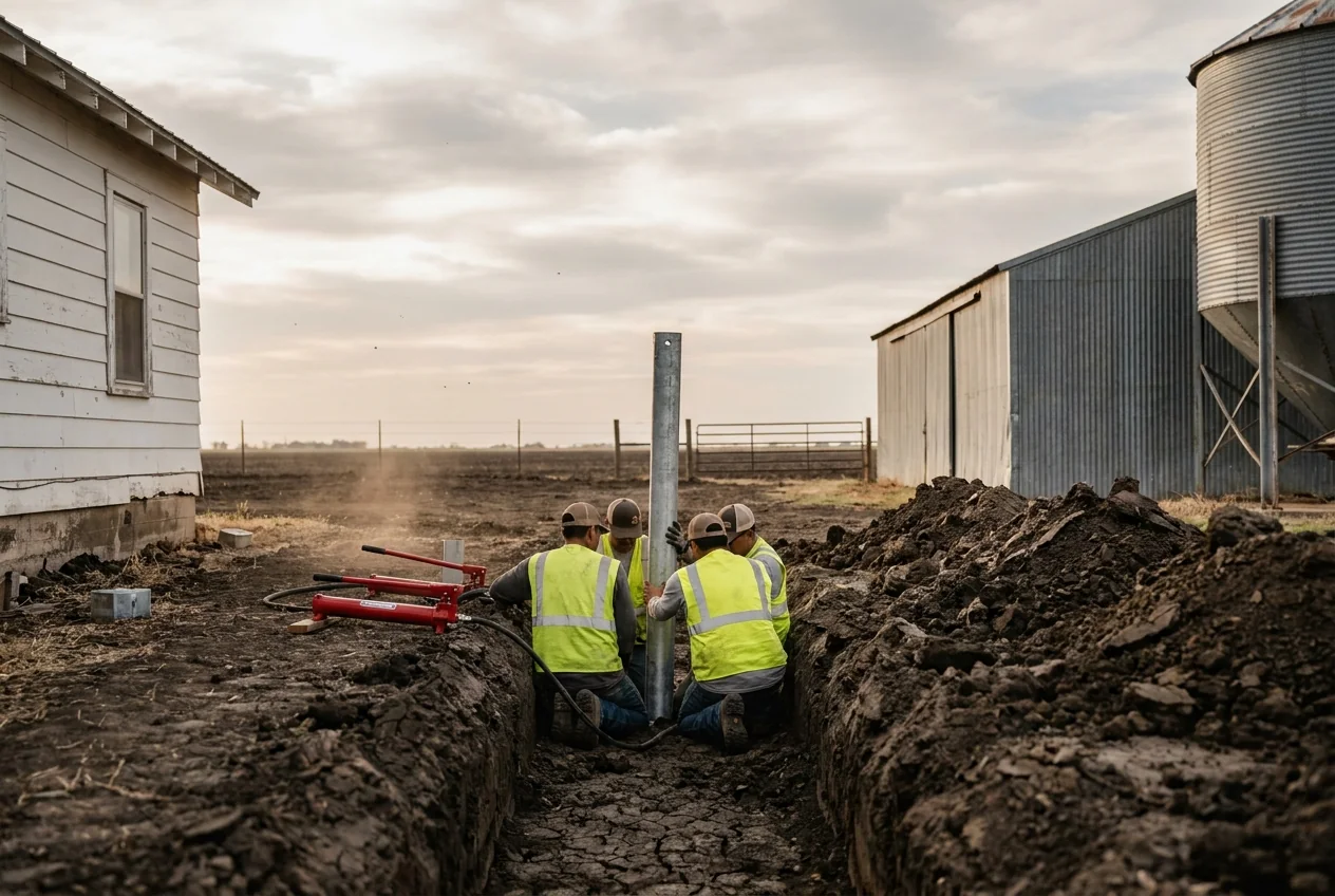 A crew installing a steel pressed pier beside a farmhouse on black-clay farmland near Kingsbury, Texas