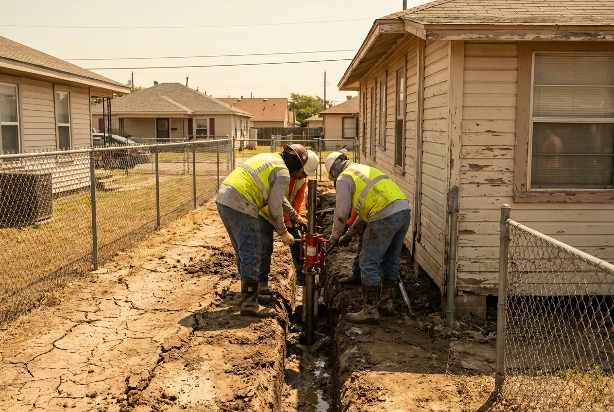 A crew installing a pressed pier at a small home on a tight lot in Kirby, Texas