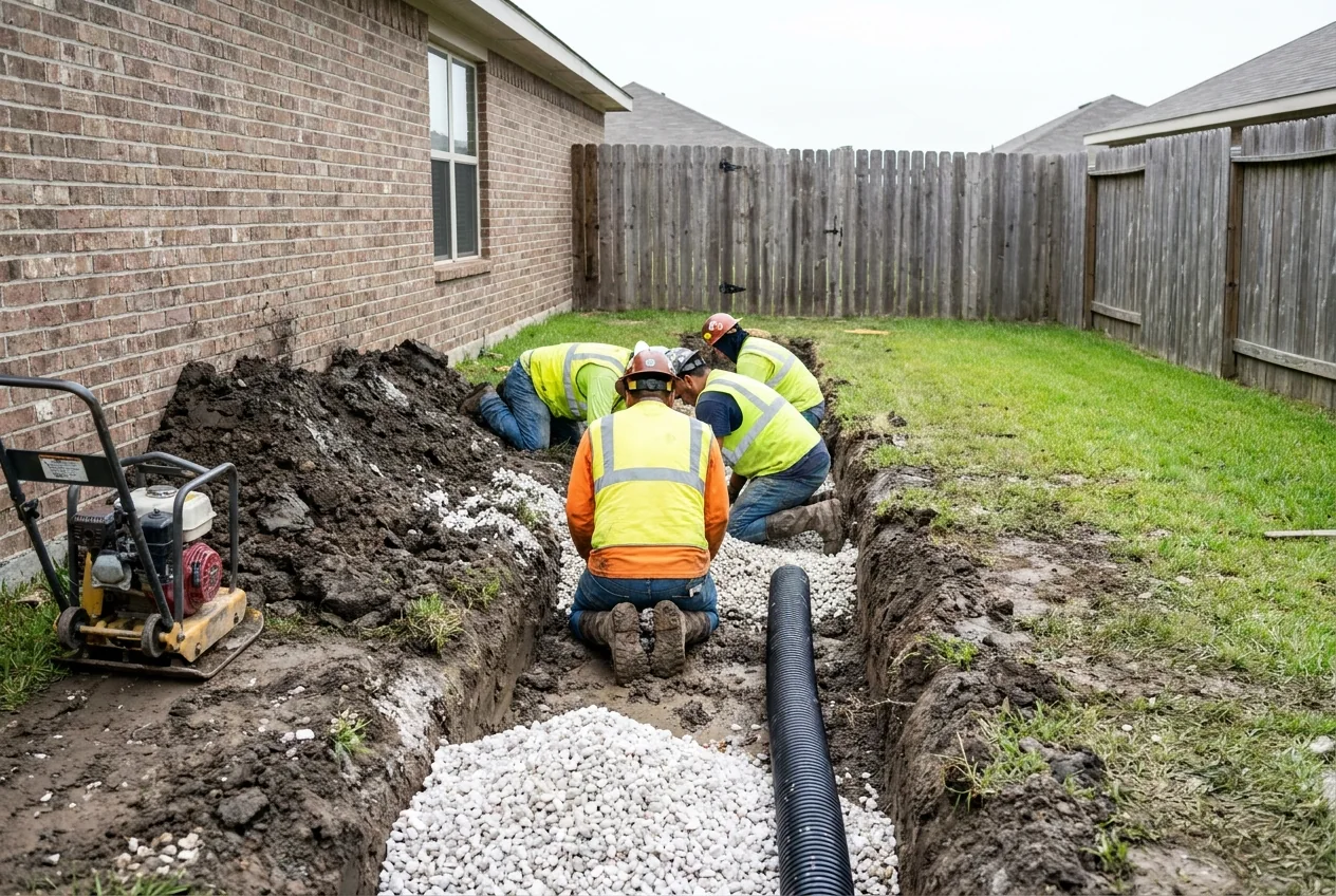 A crew laying a French-drain trench beside a suburban home in Live Oak, Texas