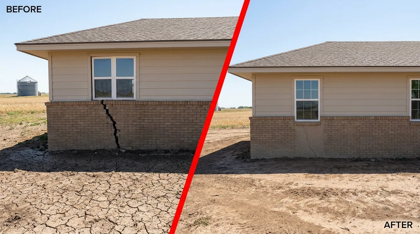 Before and after foundation repair on a Lockhart, Texas home: a settled, cracked corner restored level