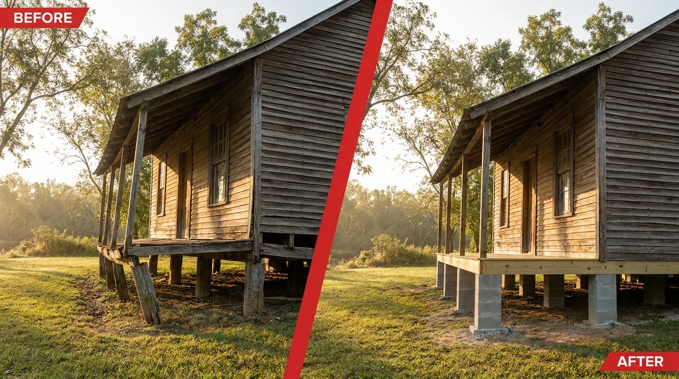 Before and after foundation repair on a Luling, Texas home: a settled, cracked corner restored level
