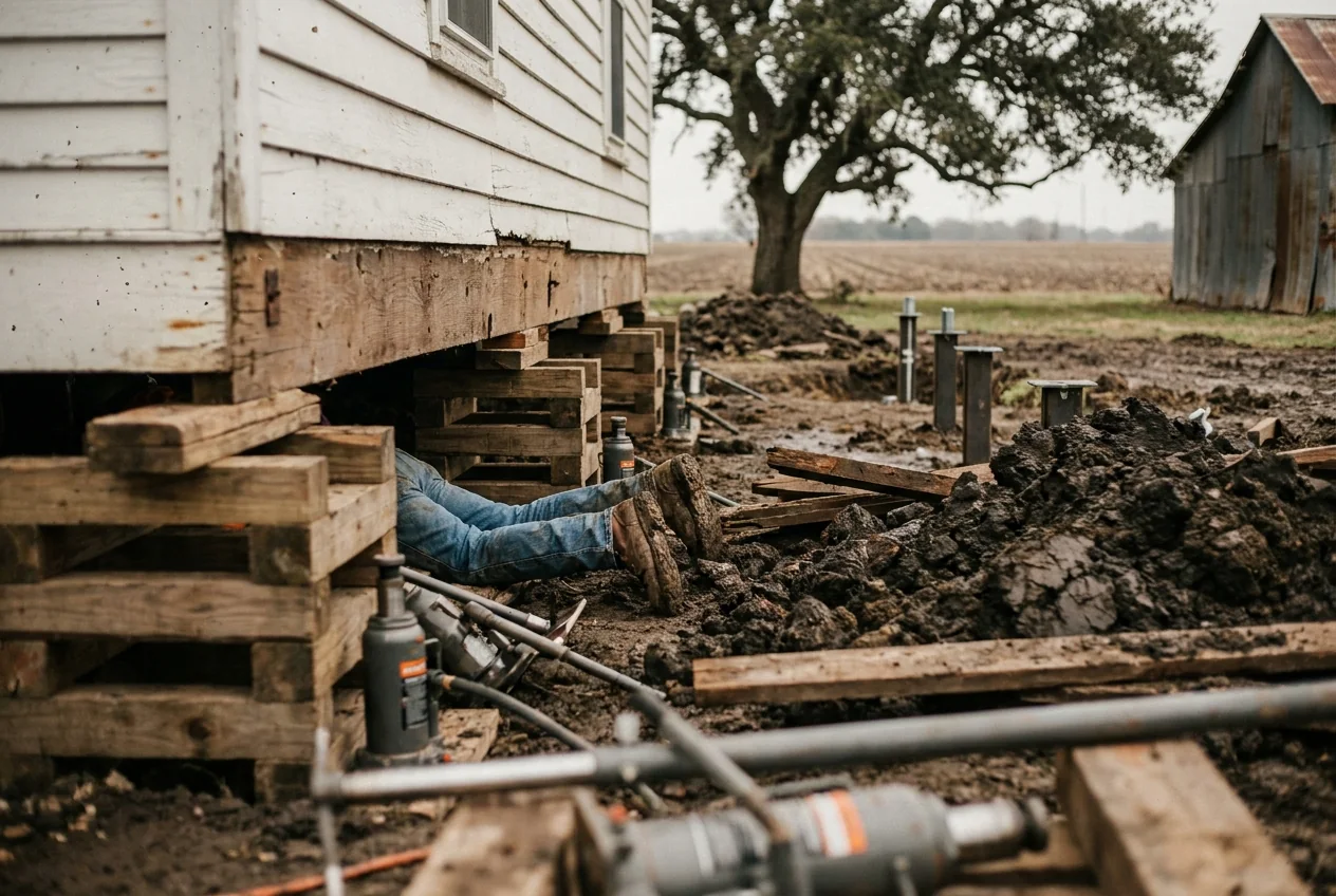 A crew doing pier and beam repair with jacks and cribbing under a raised farmhouse in Marion, Texas