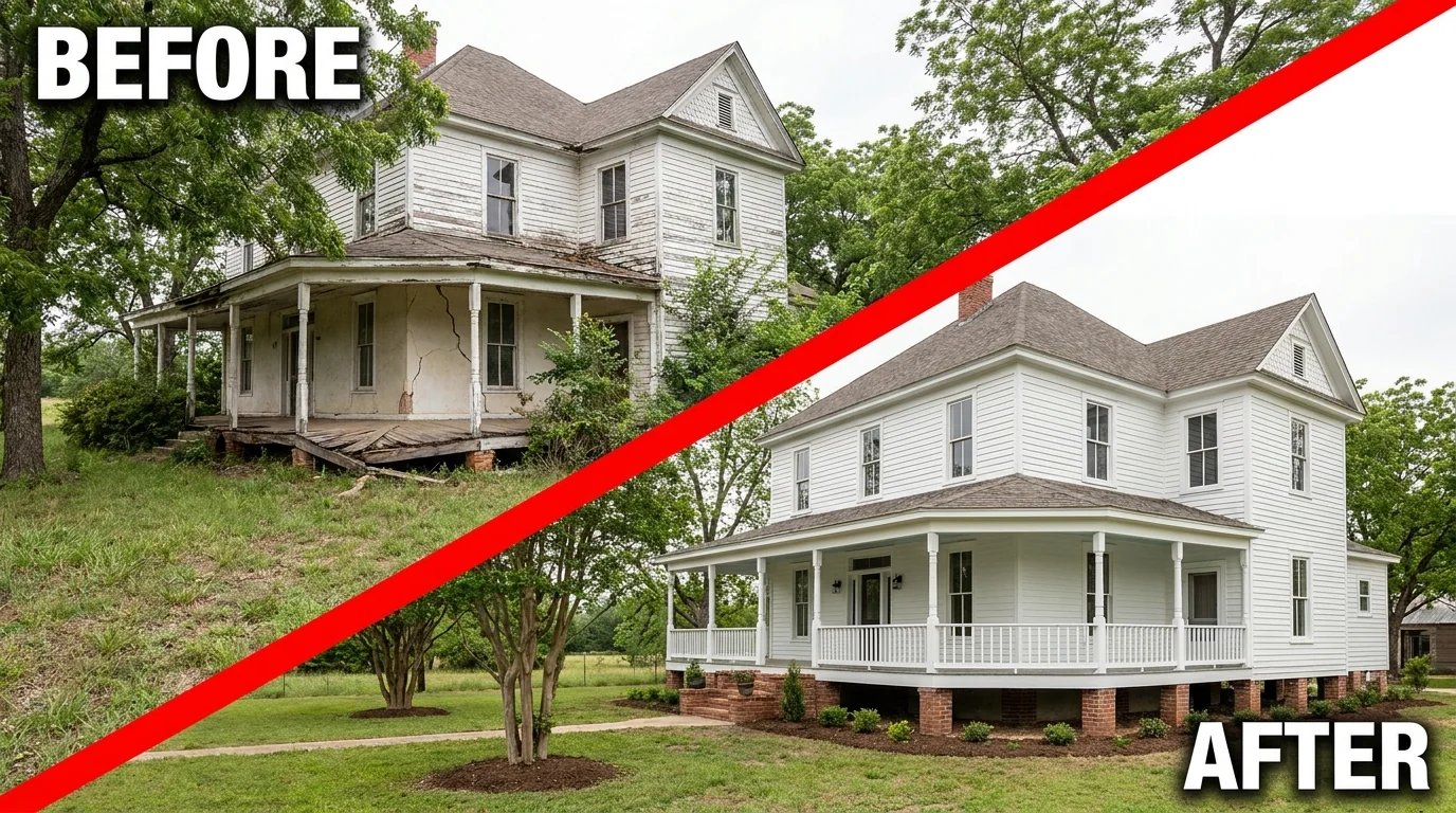 Before and after: a sagging historic Martindale porch and corner lifted level