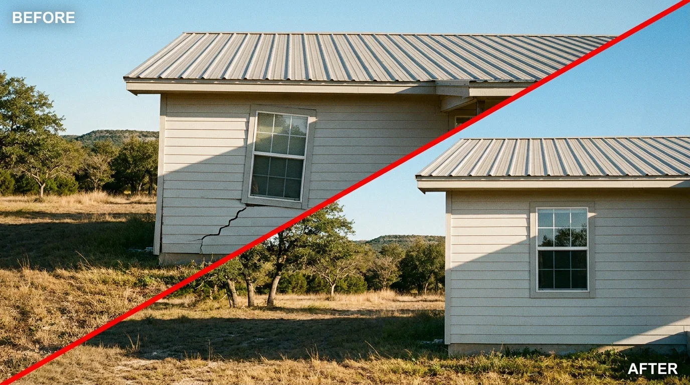 Before and after foundation repair on a Mountain City, Texas home: a settled, cracked corner restored level