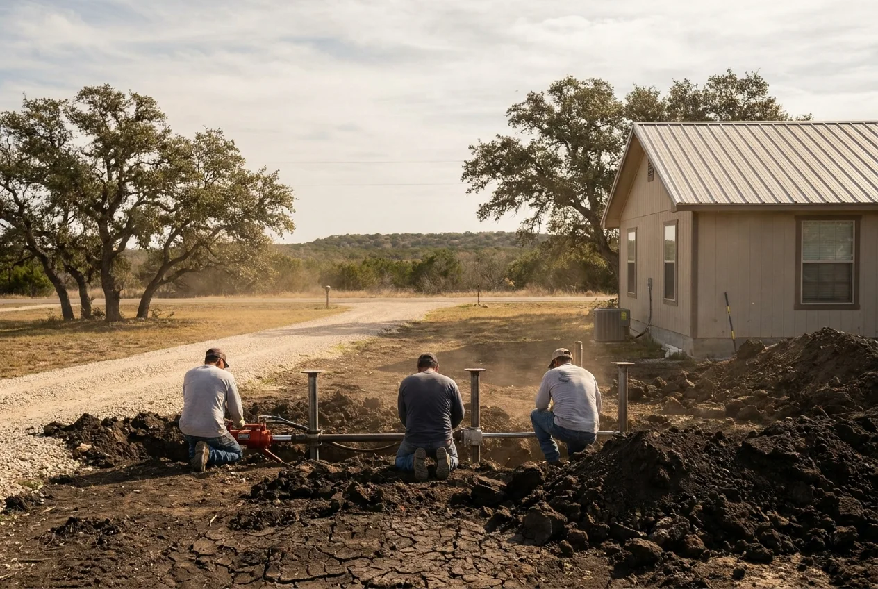 Foundation repair crew working on a home in Mountain City, Texas