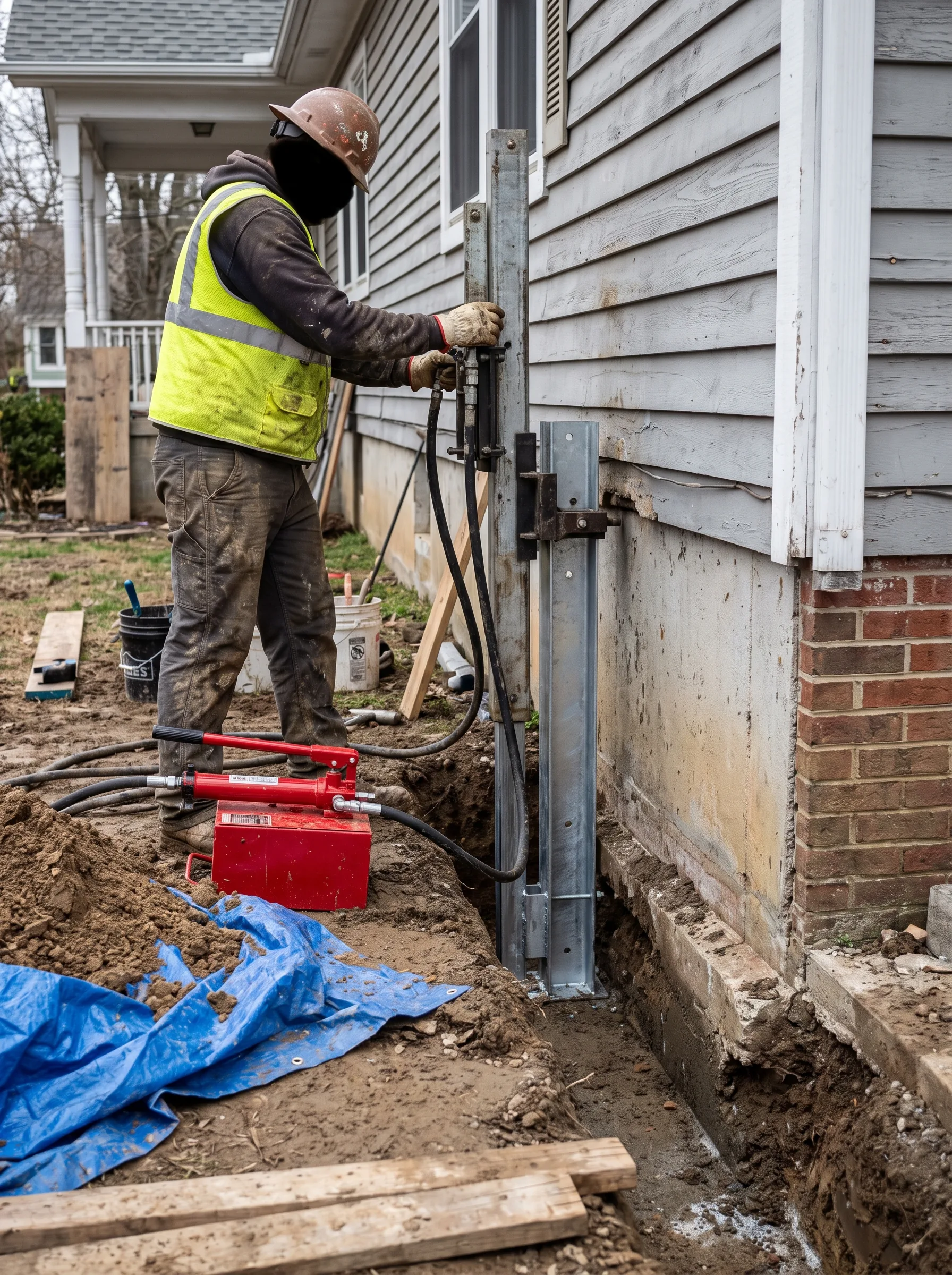 A foundation repair crew installing a galvanized steel pier against the foundation of a New Braunfels, Texas home