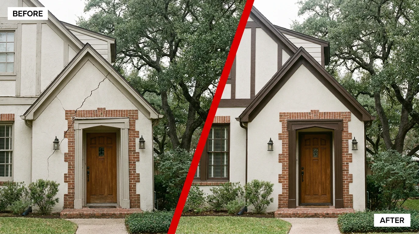 Before and after foundation repair on a Olmos Park, Texas home: a settled, cracked corner restored level