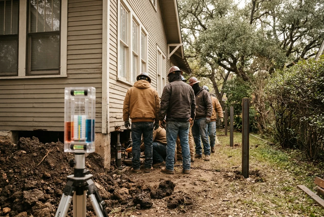 Foundation repair crew working on a home in Olmos Park, Texas