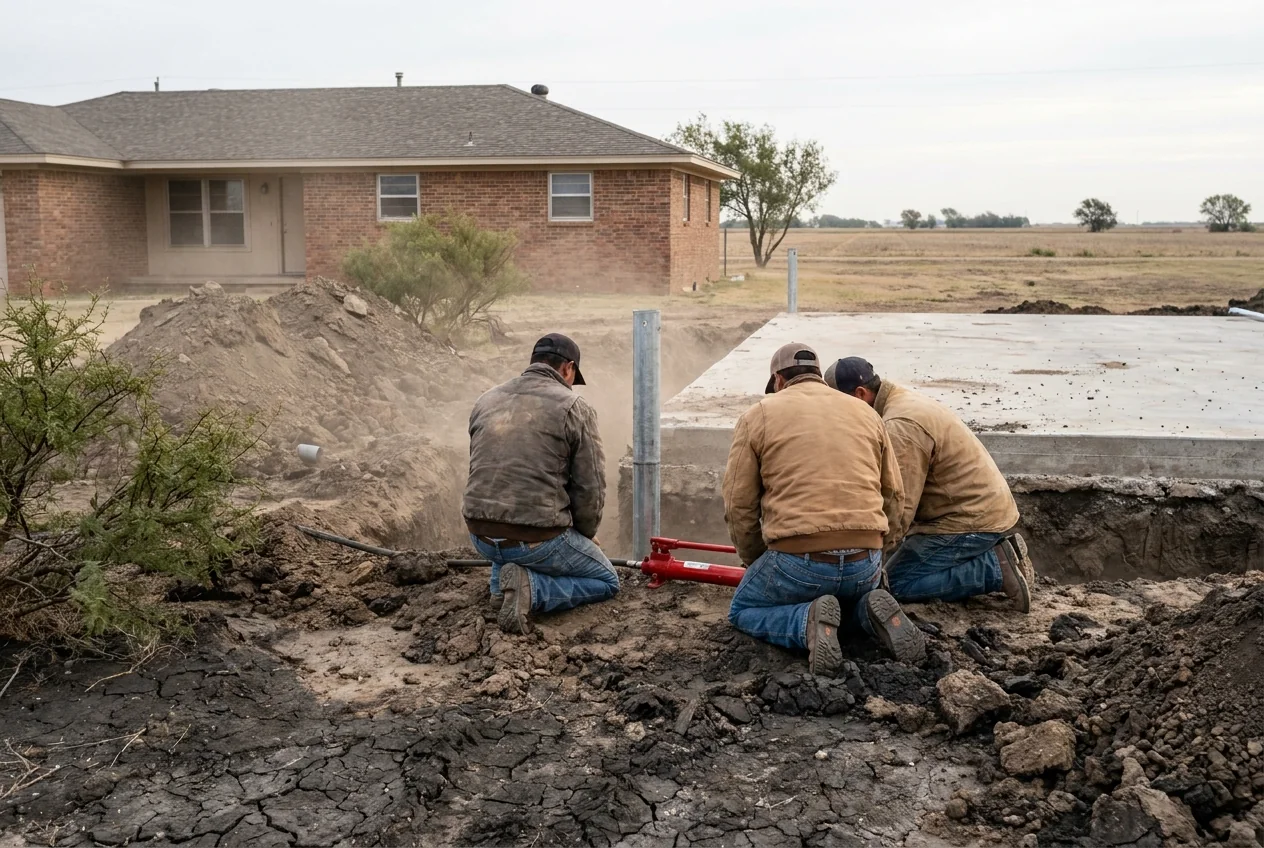 A crew installing a steel pressed pier against a brick ranch slab on black-clay farmland in Santa Clara, Texas