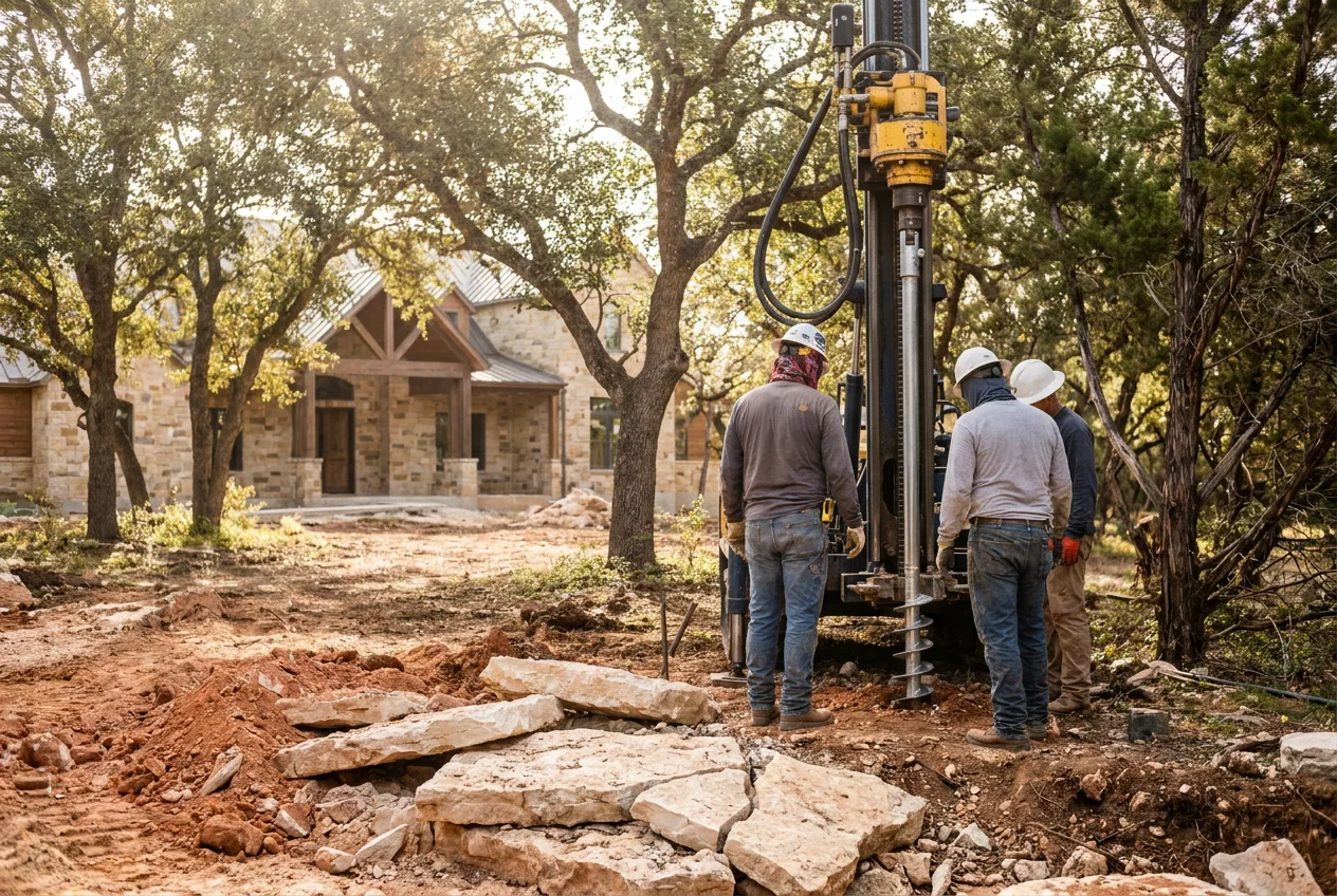 Foundation repair crew working on a home in Shavano Park, Texas