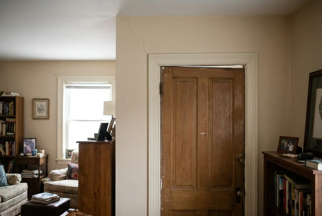 An interior door pulled out of square with a drywall crack above the frame