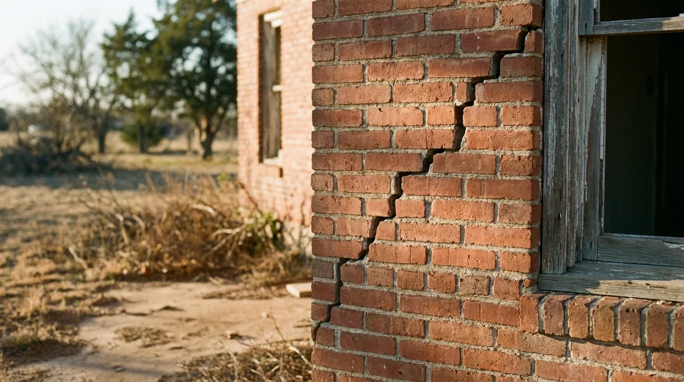 Stair-step crack climbing the mortar joints on the brick exterior of a home