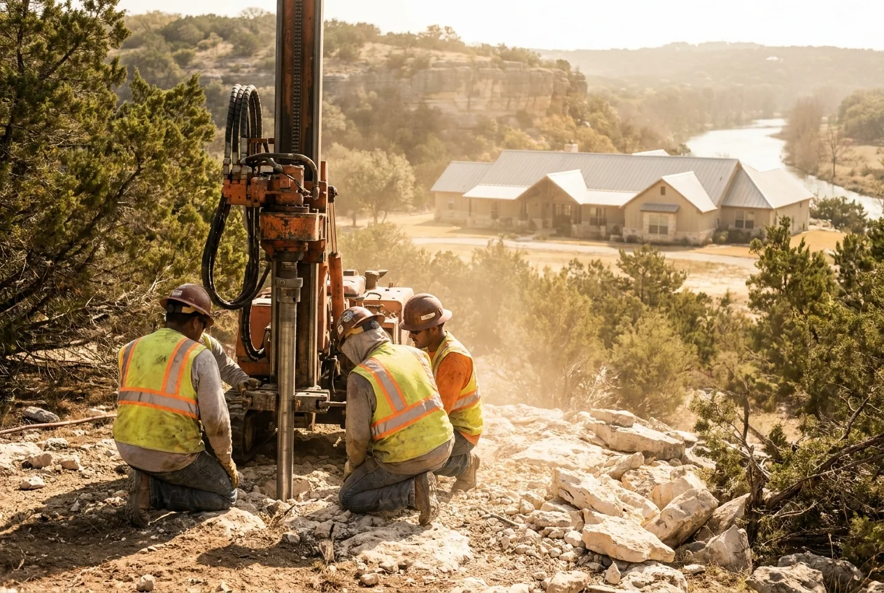 A crew installing steel piers on a rocky ranch lot near the Guadalupe River in Spring Branch, Texas