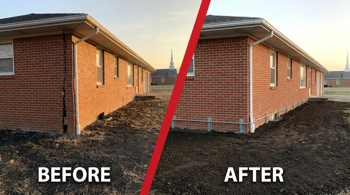 Before and after: cracked brick on a St. Hedwig country home repaired and level