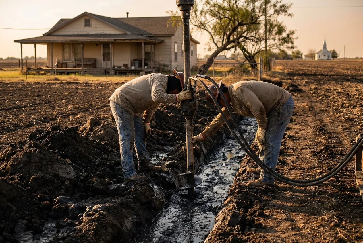Workers setting a steel pier in black gumbo clay beside a country home near St. Hedwig, Texas