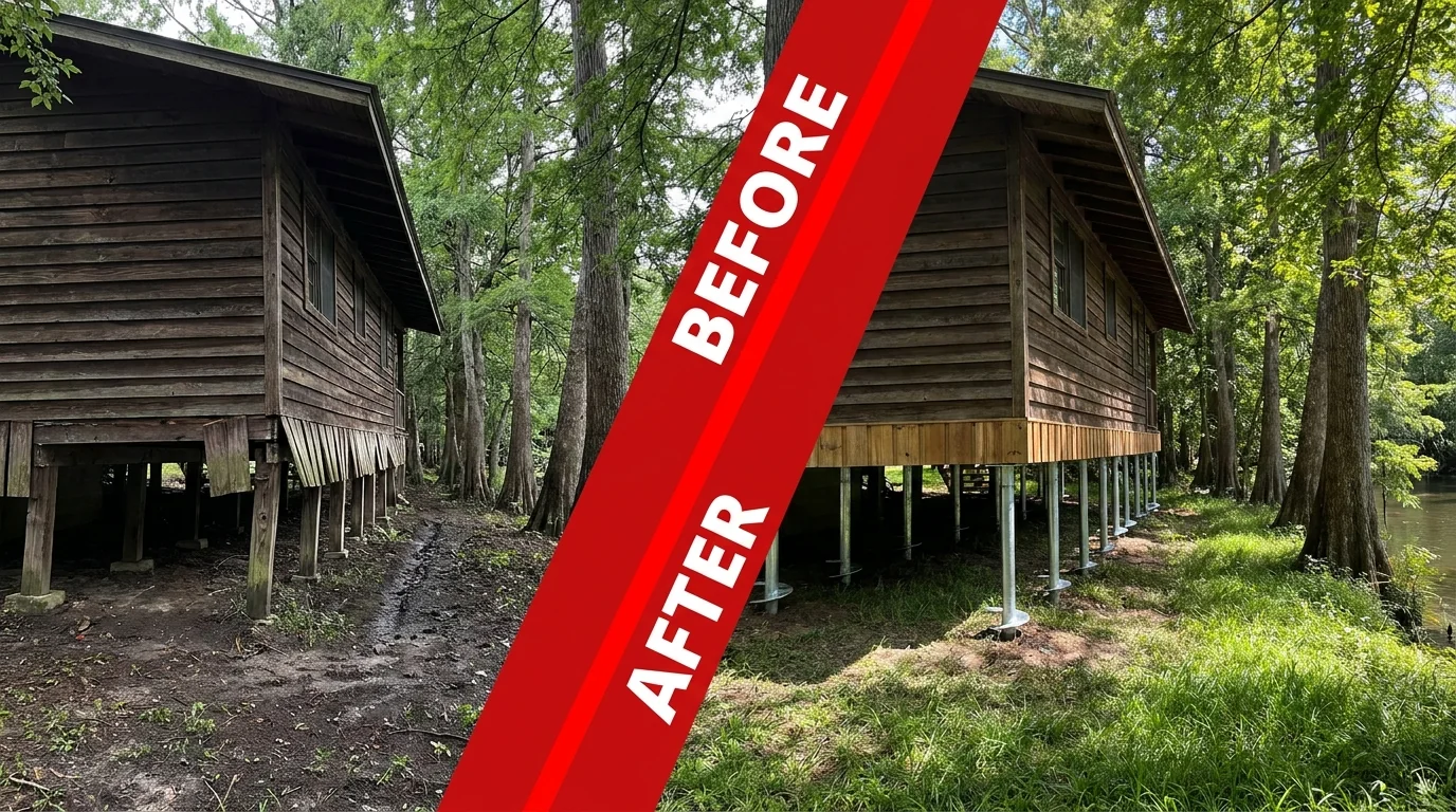 Before and after: a dropped riverside-home corner in Staples lifted on helical piers