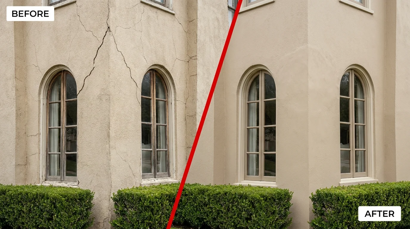 Before and after foundation repair on a Terrell Hills, Texas home: a settled, cracked corner restored level