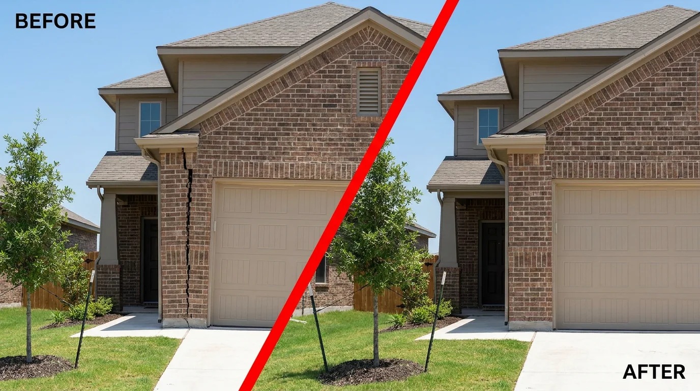 Before and after foundation repair on a Uhland, Texas home: a settled, cracked corner restored level
