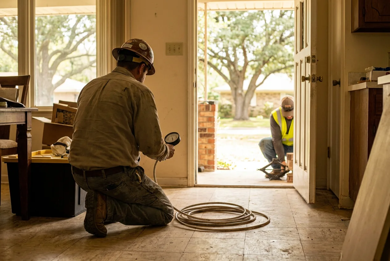 A specialist taking a manometer elevation reading inside a 1970s brick ranch in Universal City, Texas